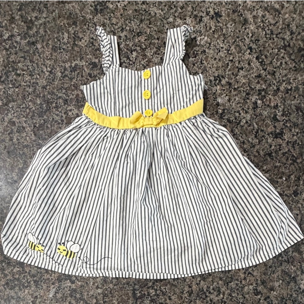 Gymboree Girls 3T Navy White Striped Bumblebee Cotton Dress Yellow Bow Ruffle